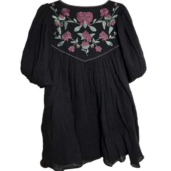 Free People Rosa Linda Embroidered Mini Dress Babydoll Black Combo NEW Medium - Picture 4 of 8